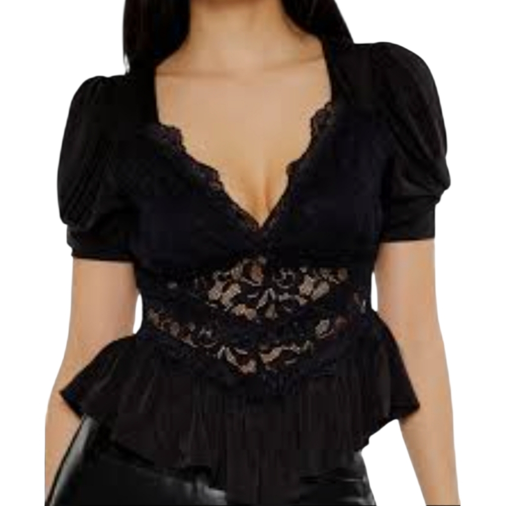 Forever 21 Black Silky Lace Fairy Dark Coquette Blouse Top Womens Size Medium